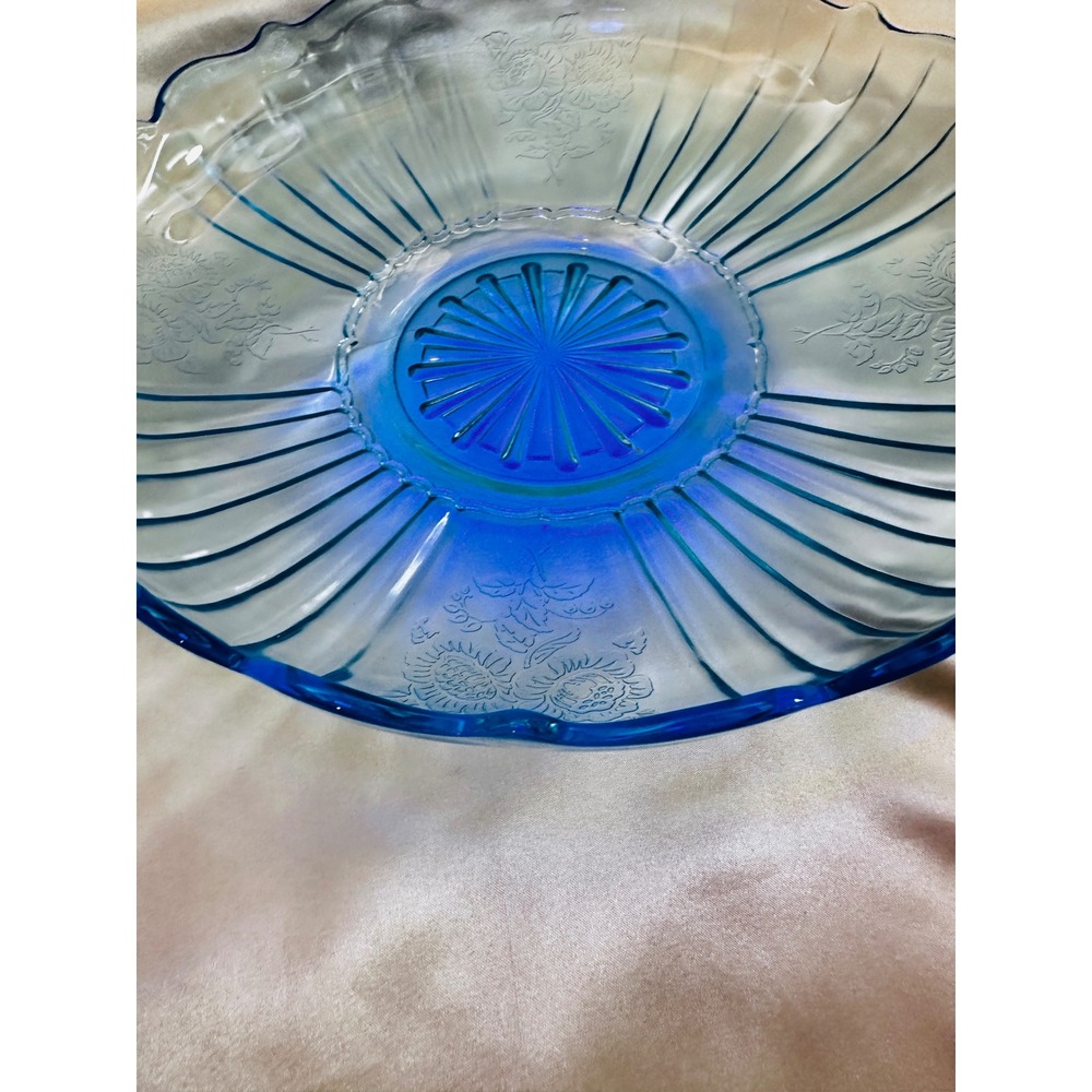Anchor Hocking Uranium Blue Mayfair Open‎ Rose Fruit Compote Console Bowl 11.75"